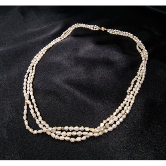 Vintage 14K Gold Freshwater Pearl Triple Strand Necklace - Picture 1 of 5
